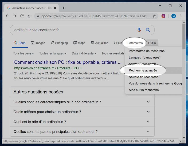 critères de recherche google